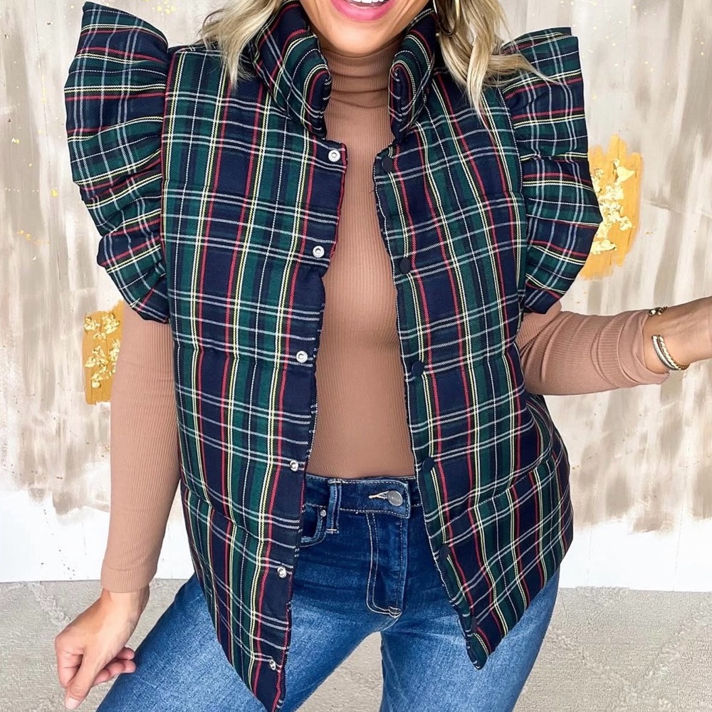 Centro button up Plaid Puffer Vest with Ruffle Sleeves